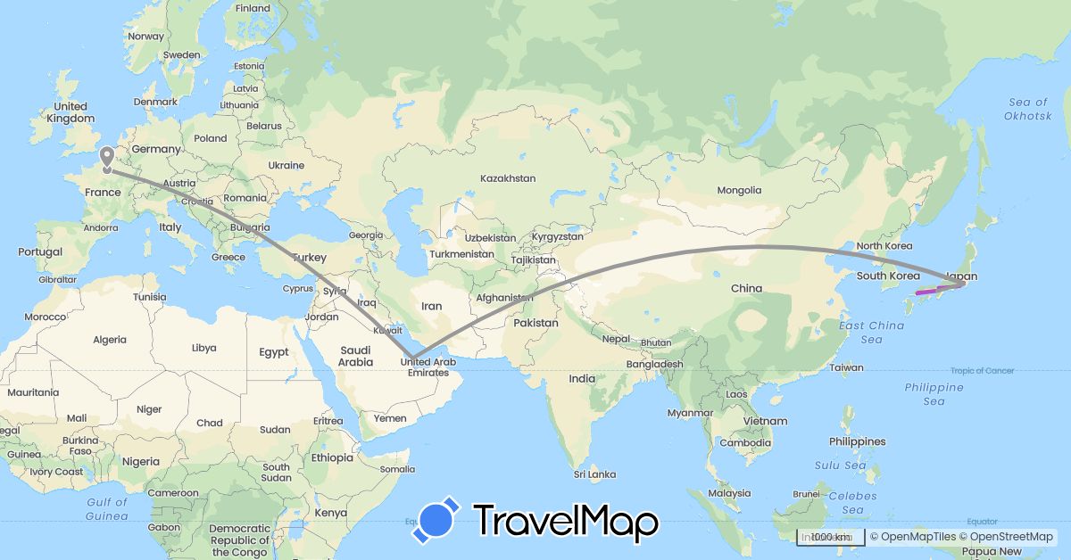 TravelMap itinerary: driving, plane, train in France, Japan, Qatar (Asia, Europe)